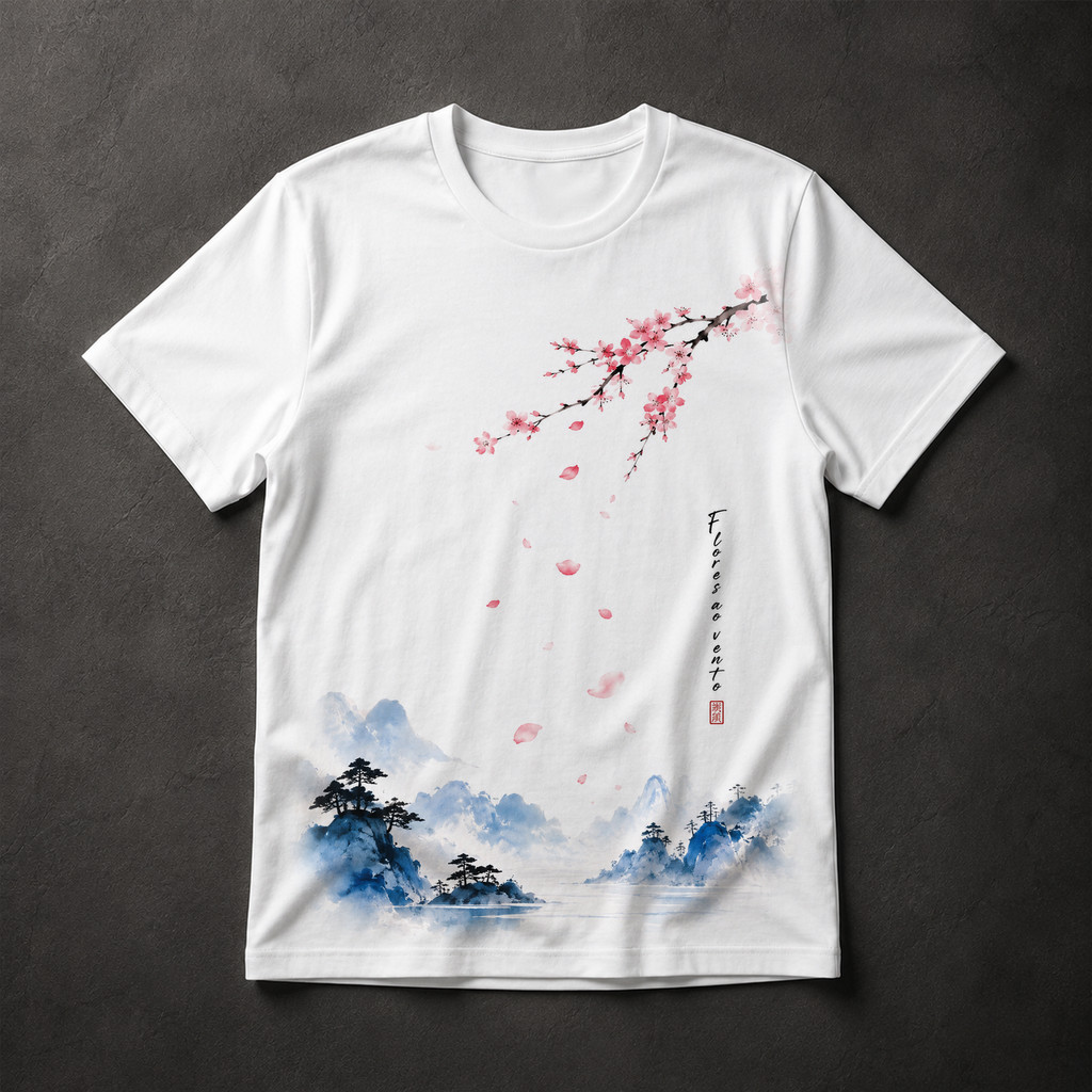 Camiseta Masculina Cerejeira Japonesa Aquarela Oriental Flores ao Vento Arte Sumi-ê