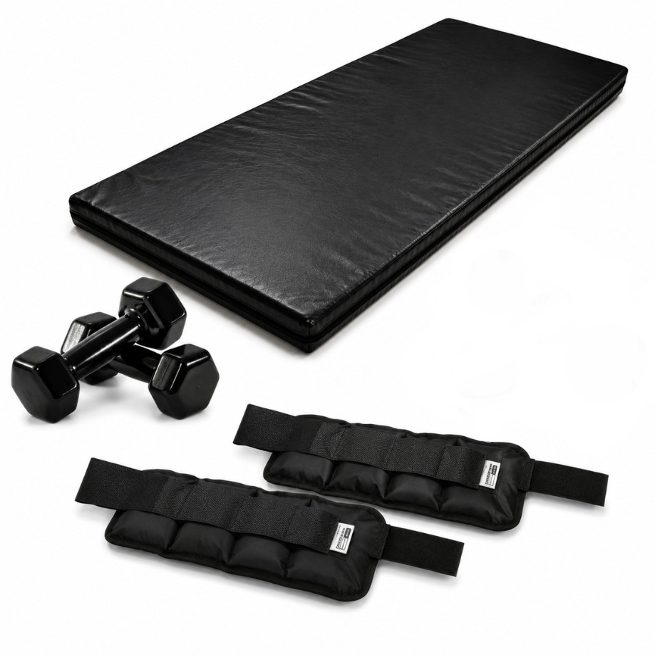 Desconto! Kit Fitness  Colchonete Academia 90x40x3+ Par de Halteres Sextavado Emborrachado 4kg+ Par de Caneleira 4kg