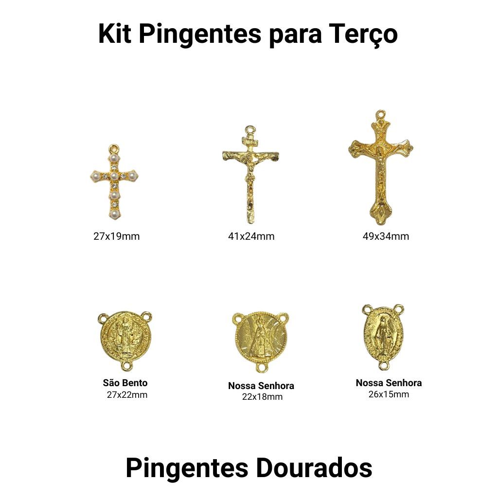 Kit 6 Pingentes Dourados Crucifixo e Entremeio para Montagem de Terço Tamanhos e Modelos Variados