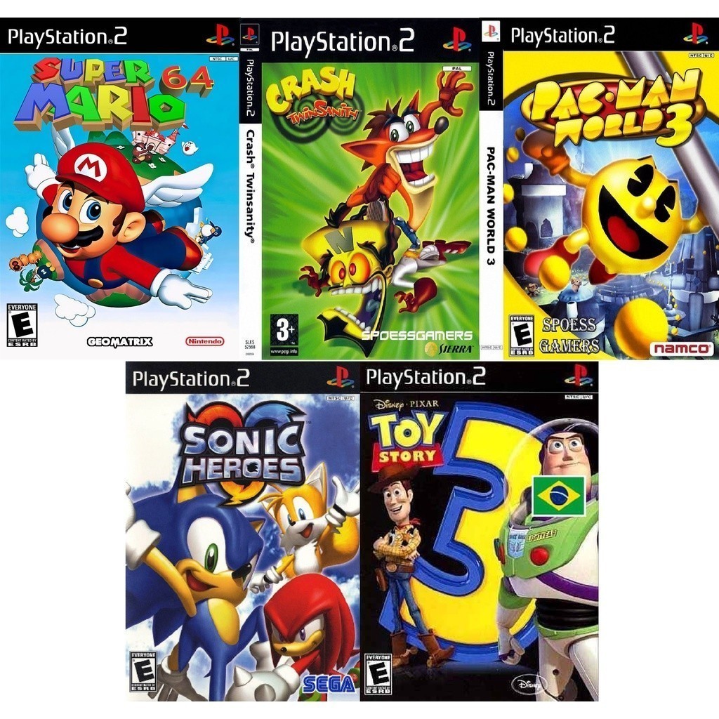 PS2 5 Jogos  Mario Crash Sonic Pac Man Toy Story 2 PS2 Diversão Garantida