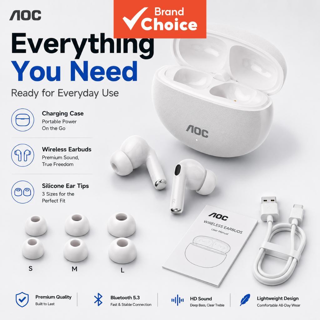 Fones de ouvido sem fio AOC, Bluetooth 5.3, intra-auriculares, som estéreo Hi-Fi imersivo, controle sensível ao toque