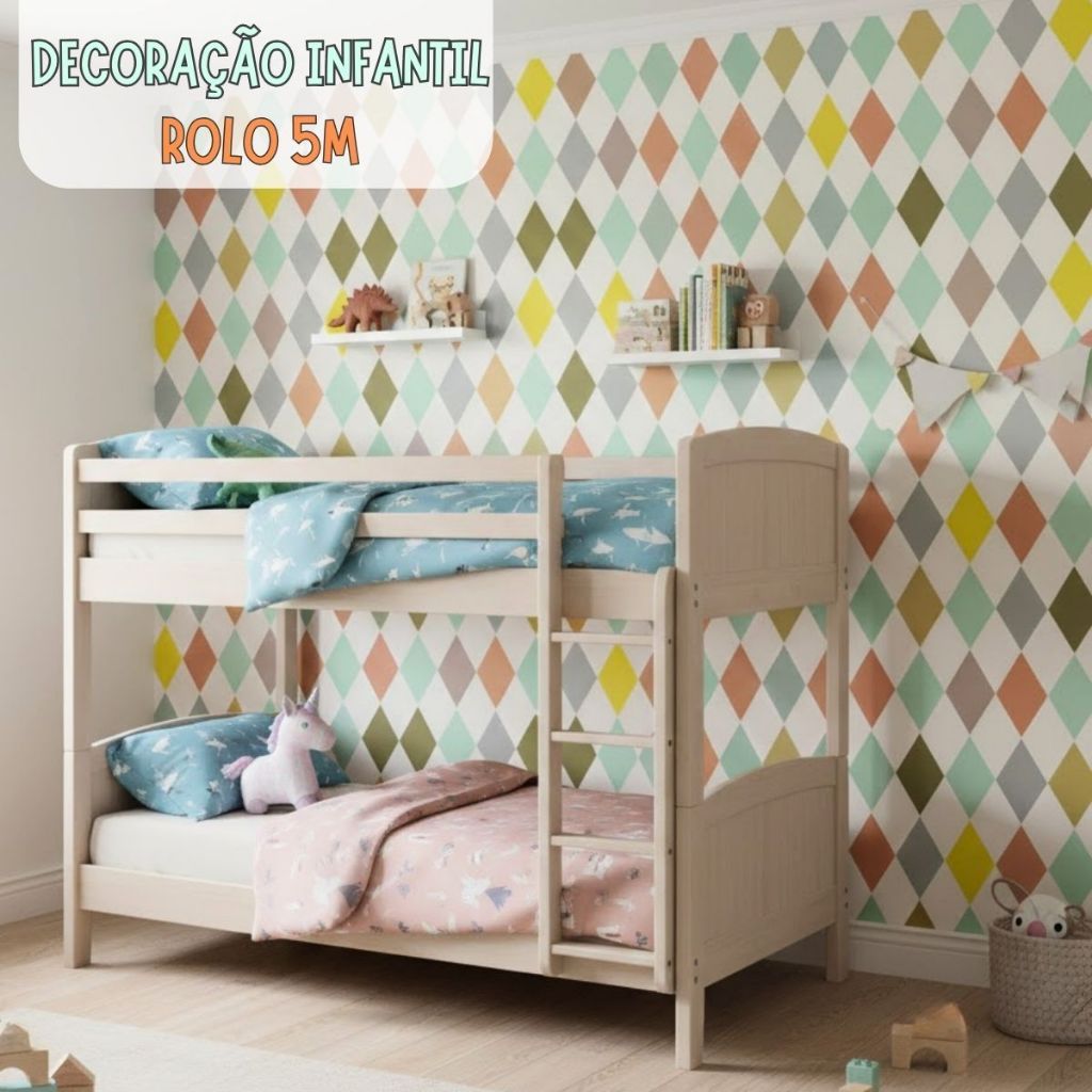 Papel de Parede Autocolante Kids Colorido Geométrico Impermeável Rolo 5M Ideal Quarto/ Brinquedoteca