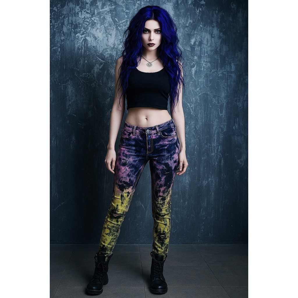 Original rosa amarelo contraste cor Tie-Dye gradiente angustiado psicodélico traseiro Rock Punk rua calças magras lápis