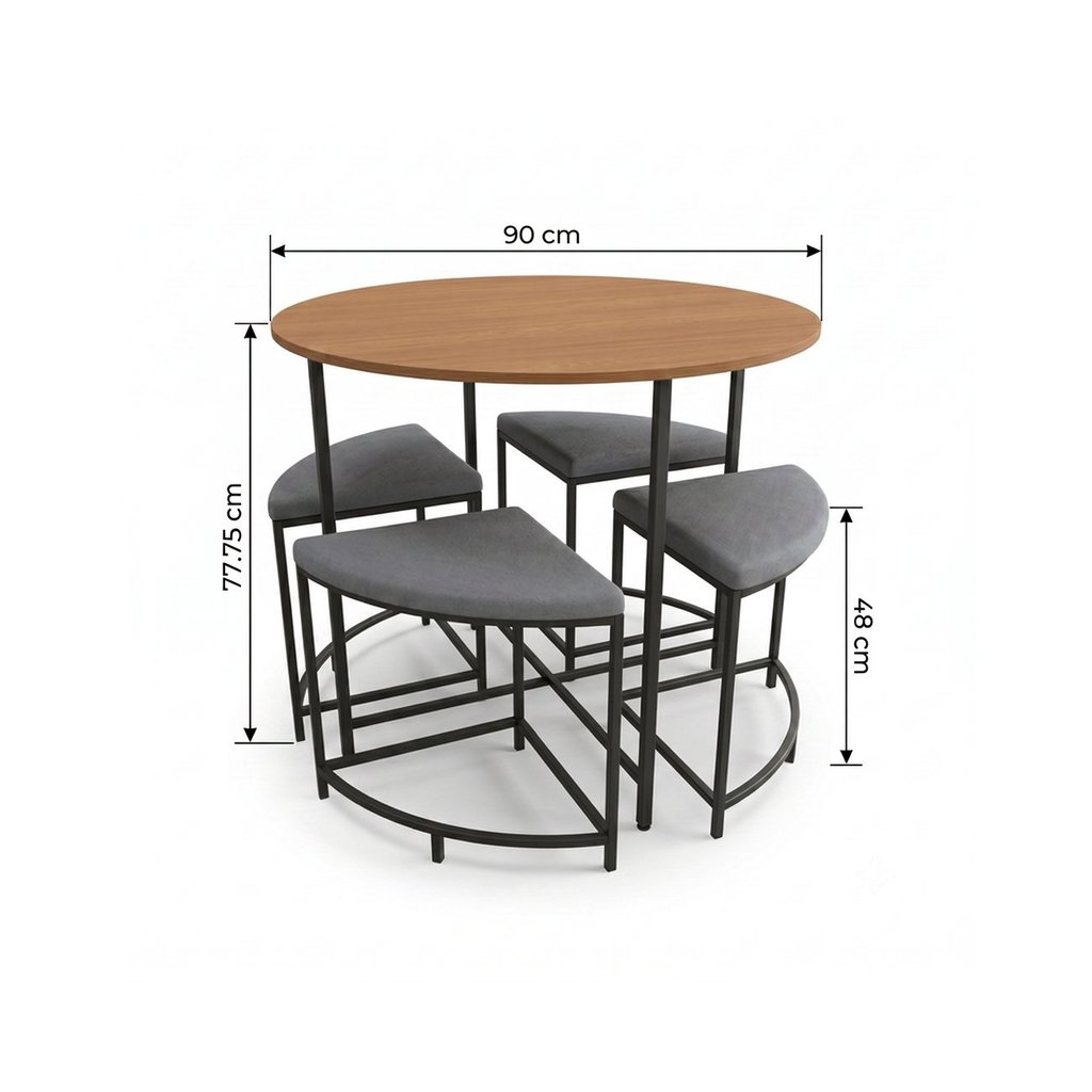 Conjunto Mesa de Jantar Redonda com 4 Bancos Estofados Canela/Preto Canela/Preto