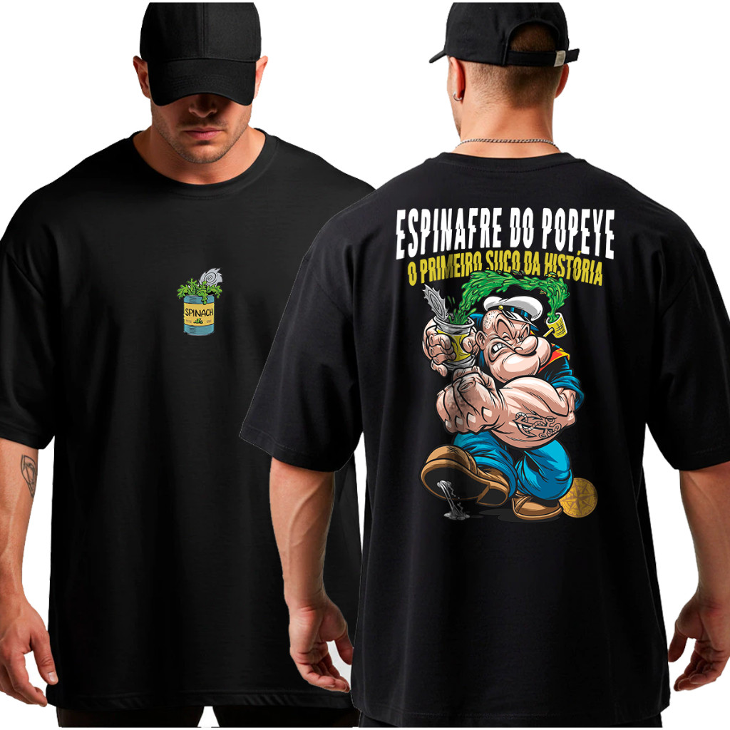 Camiseta Oversized Academia Espinafre Popeye para Treino Musculação Streetwear 100% Algodão