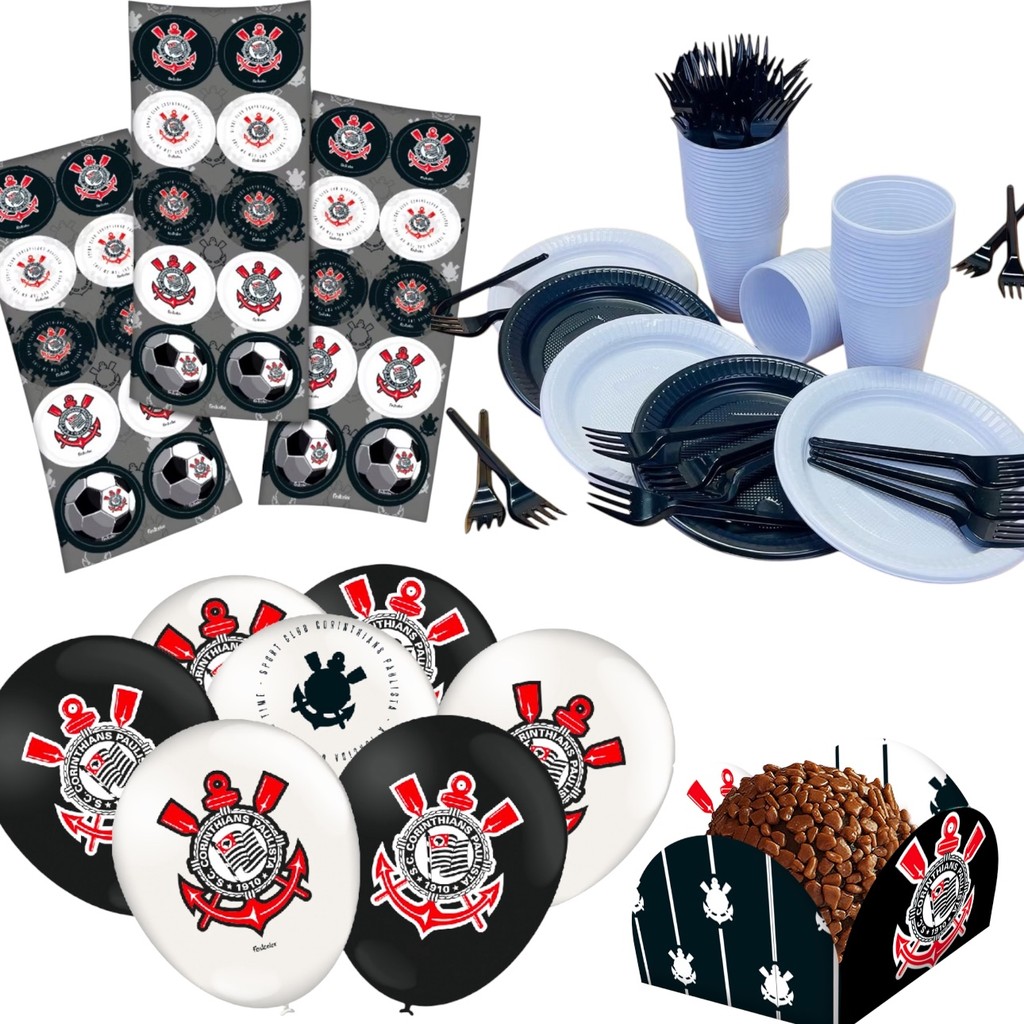 KIT FESTA CORINTHIANS 245 ITENS 50 PESSOAS COPO + PRATO + GARFO + ADESIVO + FORMINHA + BALÃO FESTCOLOR (CHOCO)
