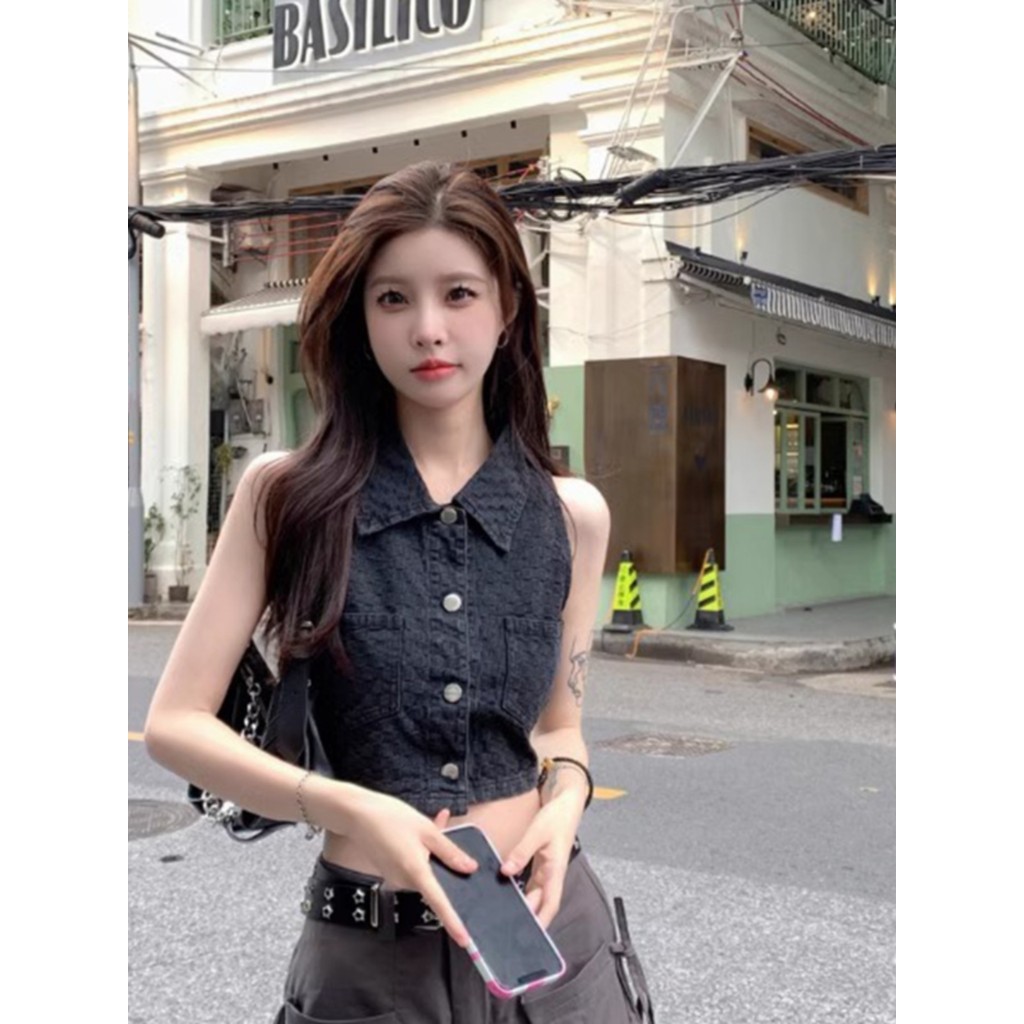 Polo polo colarinho camisola feminina verão interior exterior Wear americano fino-ajuste colete sem mangas recortado cur
