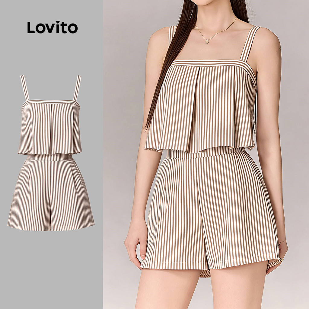 Lovito Macacão Casual Listrado Plissado Rosa Primavera/verão Para Mulheres L189E