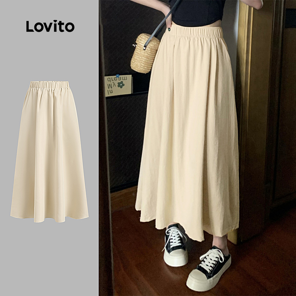 (New) Lovito Saias Casuais Drapeadas Primavera/verão Saias Leves Caqui para mulheres L151AD287 em Oferta na Shopee