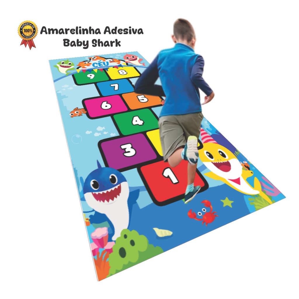 Amarelinha de Chão Baby Shark Jogo Infantil Brincadeira Pedagógica Educativa Coordenação Motora Kids