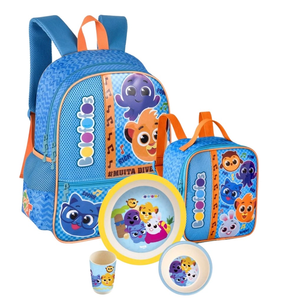 Mochila Escolar De Costas 'T16' Bolofofo Com Lancheira Térmica E Kit Refeição 3 Peças Infantil Para Introdução Alimentar