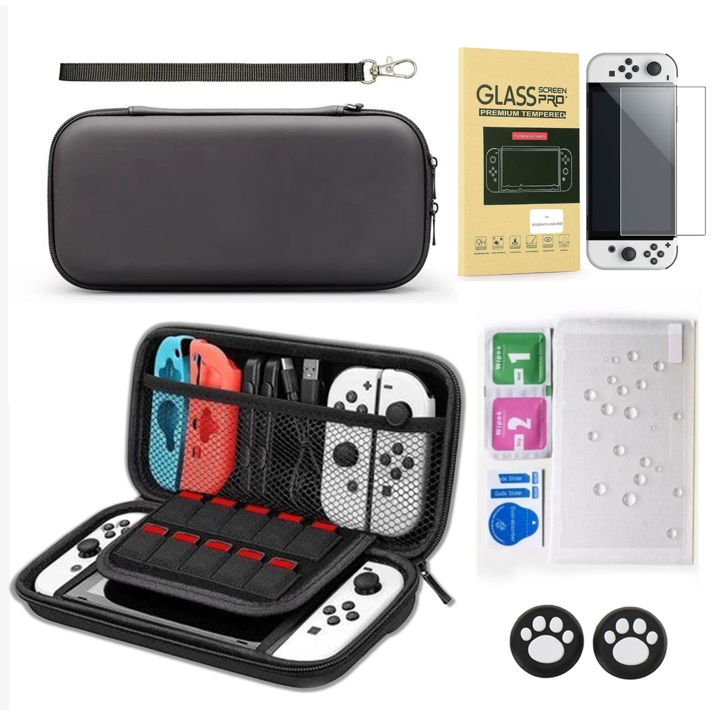 Kit Bolsa Estojo Preta e Película Protetora Vidro 9H Para Nintendo Switch OLED