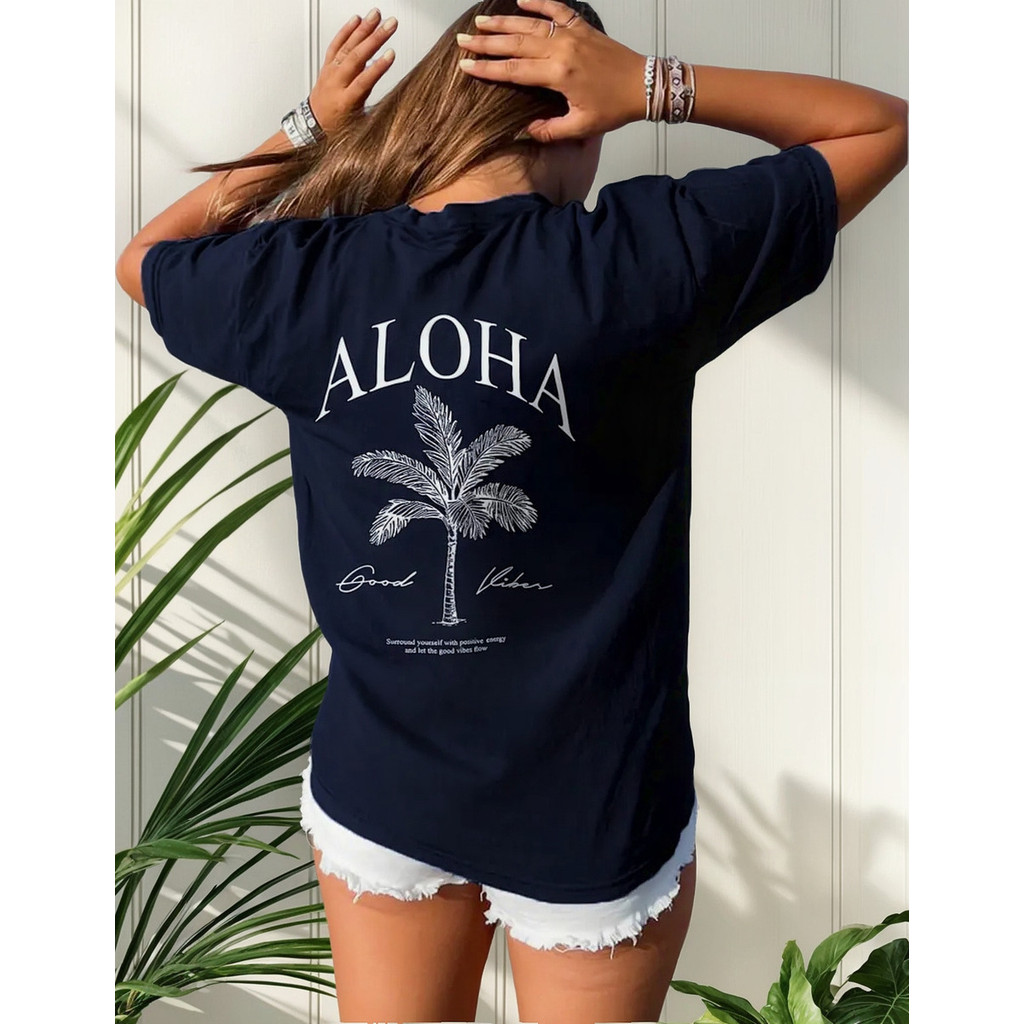 Camiseta Feminina Oversized Verão Estampa Aloha Praia Casual Confortável Moda