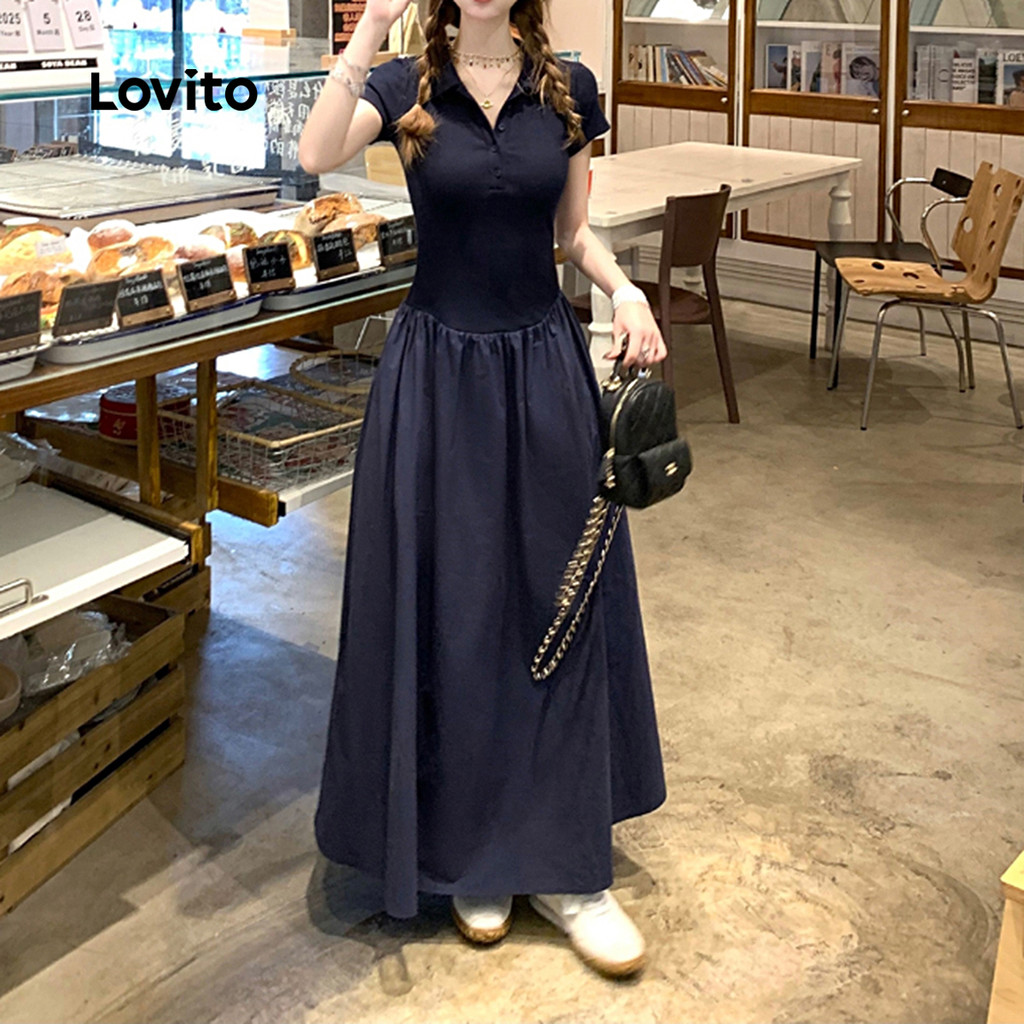 (NEW) Lovito Vestido de Primavera/verão Azul-marinho com Estrutura de Costura de Tecido casual L152ED023