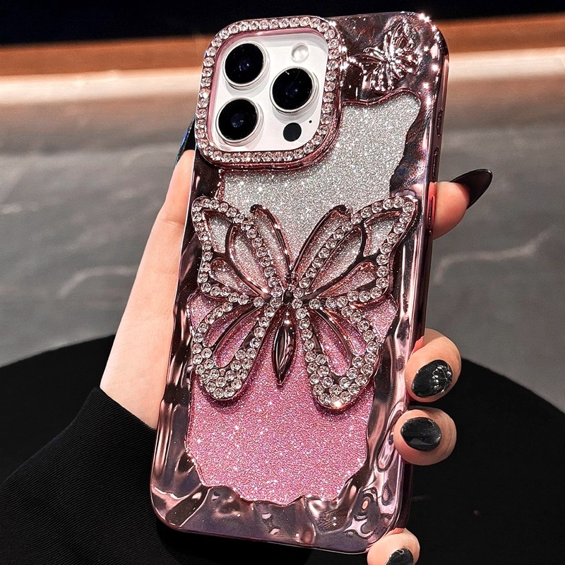 Luxo Macio Borboleta Diamante Caso De Telefone Para iPhone 11 12 13 14 15 16 17 Pro Max Plus Ar Glitter Pára-Choques Vol
