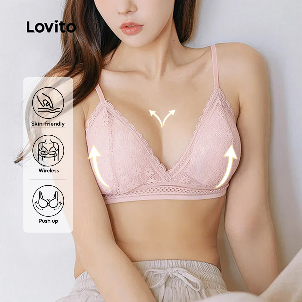 Lovito Sutiã Sexy De Renda Respirável Com Pele Macia E Renda Rosa Para Mulheres LNE107007 em Oferta na Shopee