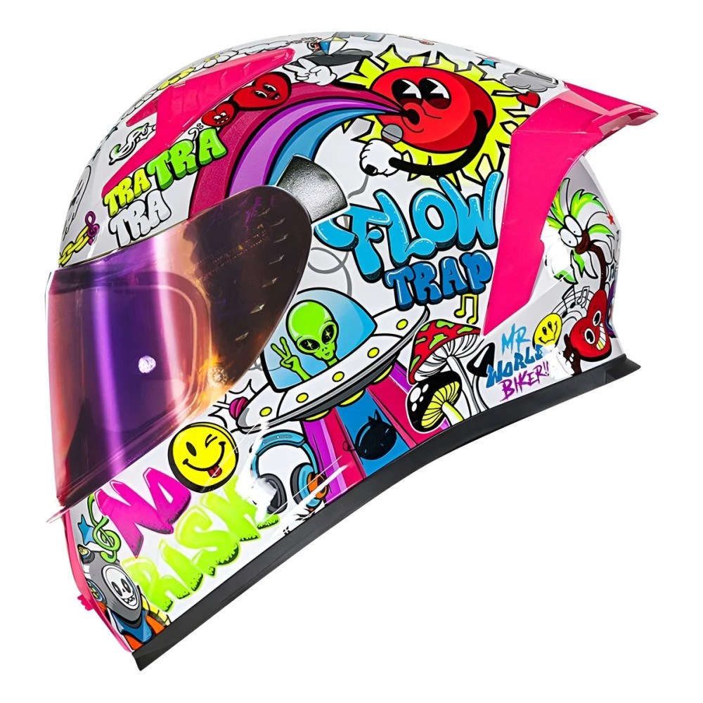Capacete Moto Norisk Flow Trap Desenho Branco Rosa Feminino Masculino C/ Spoiler + Viseira Extra