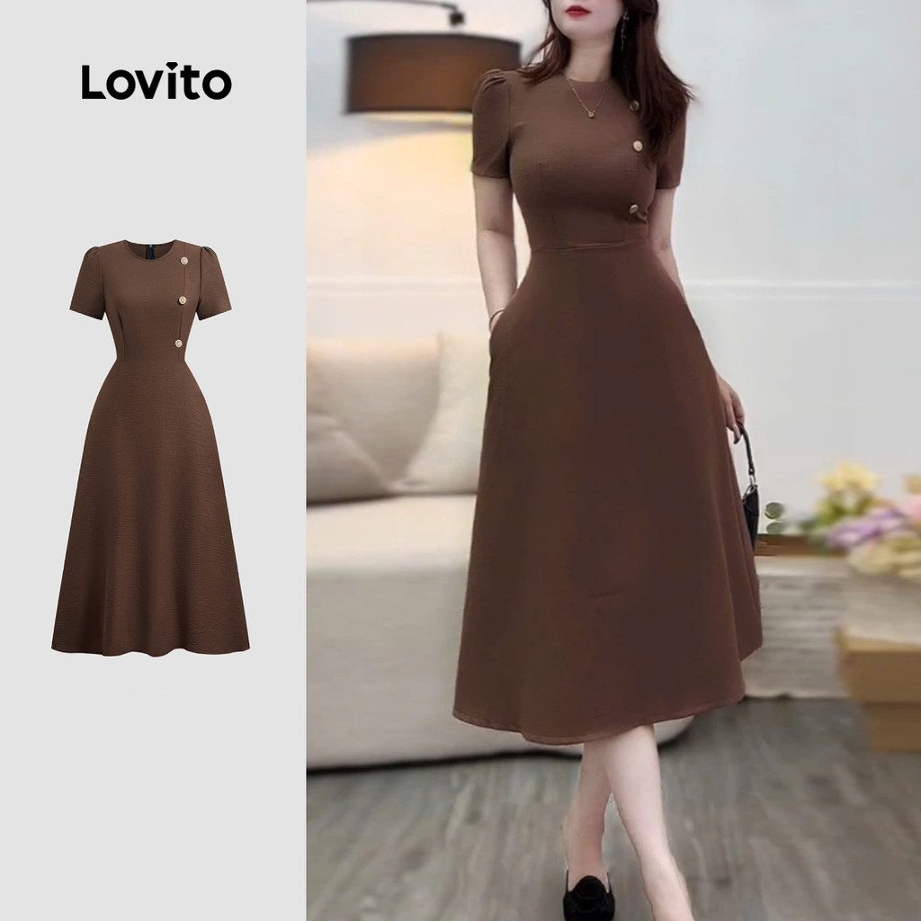 (NEW) Lovito Vestido Casual Assimétrico de Primavera/verão Marrom para Mulheres L149ED166