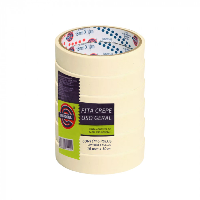 Fita Crepe Eurocel 18mm x 10m Pacote c/ 6 Unidades | Uso Escolar, Escritório, Pintura e Artesanato em Oferta na Shopee