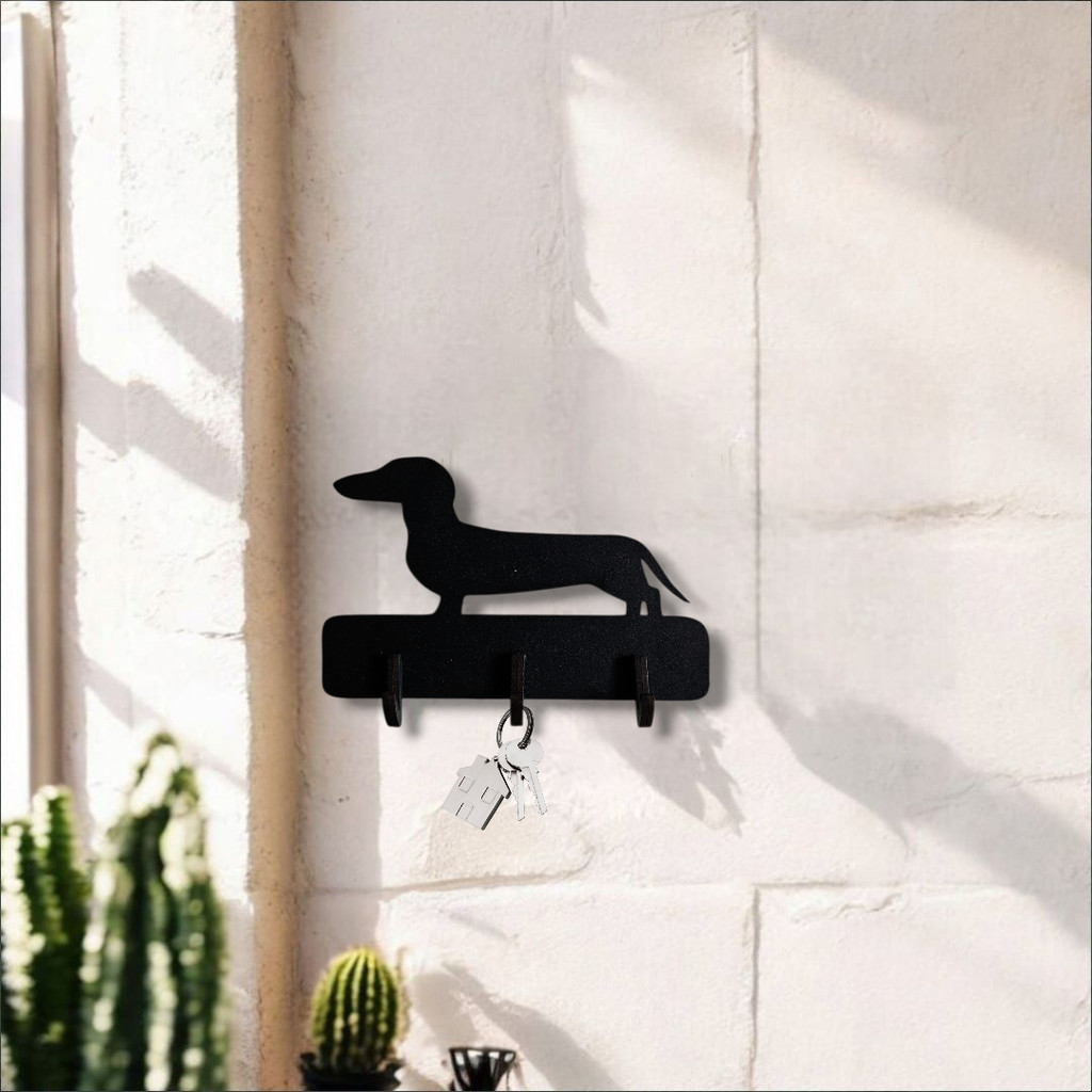 Porta Chave Cachorro Cão Salsicha Dachshund Suporte 16x10 Cm Preto