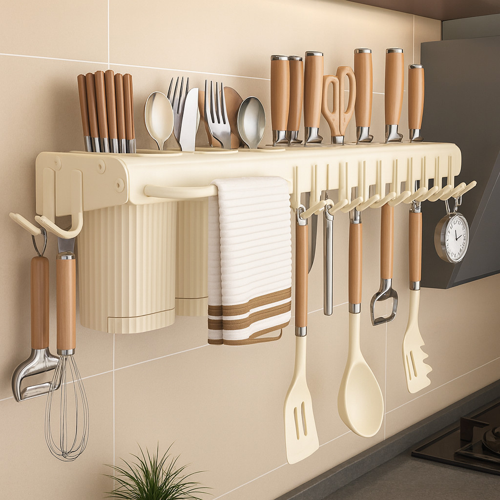 Porta Facas Prateleira Rack para Cozinha de Parede 50cm com Ganchos Toalheiro Organizador Facil de Limpar