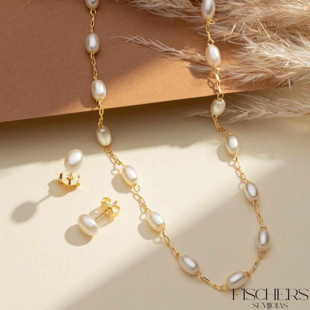 Conjunto Colar e Brinco Pérola Oval Banhado a Ouro 18k