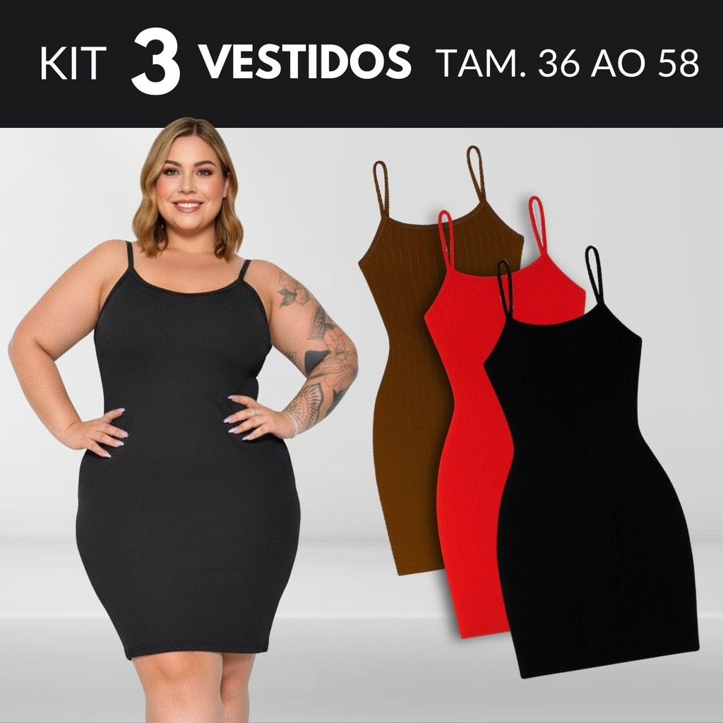 KIT 3 Vestido Midi Vestido Feminino Plus Size Vestido Canelado Vestidos Roupas Midsize Vestido Preto Tamanho 36 Ao 58
