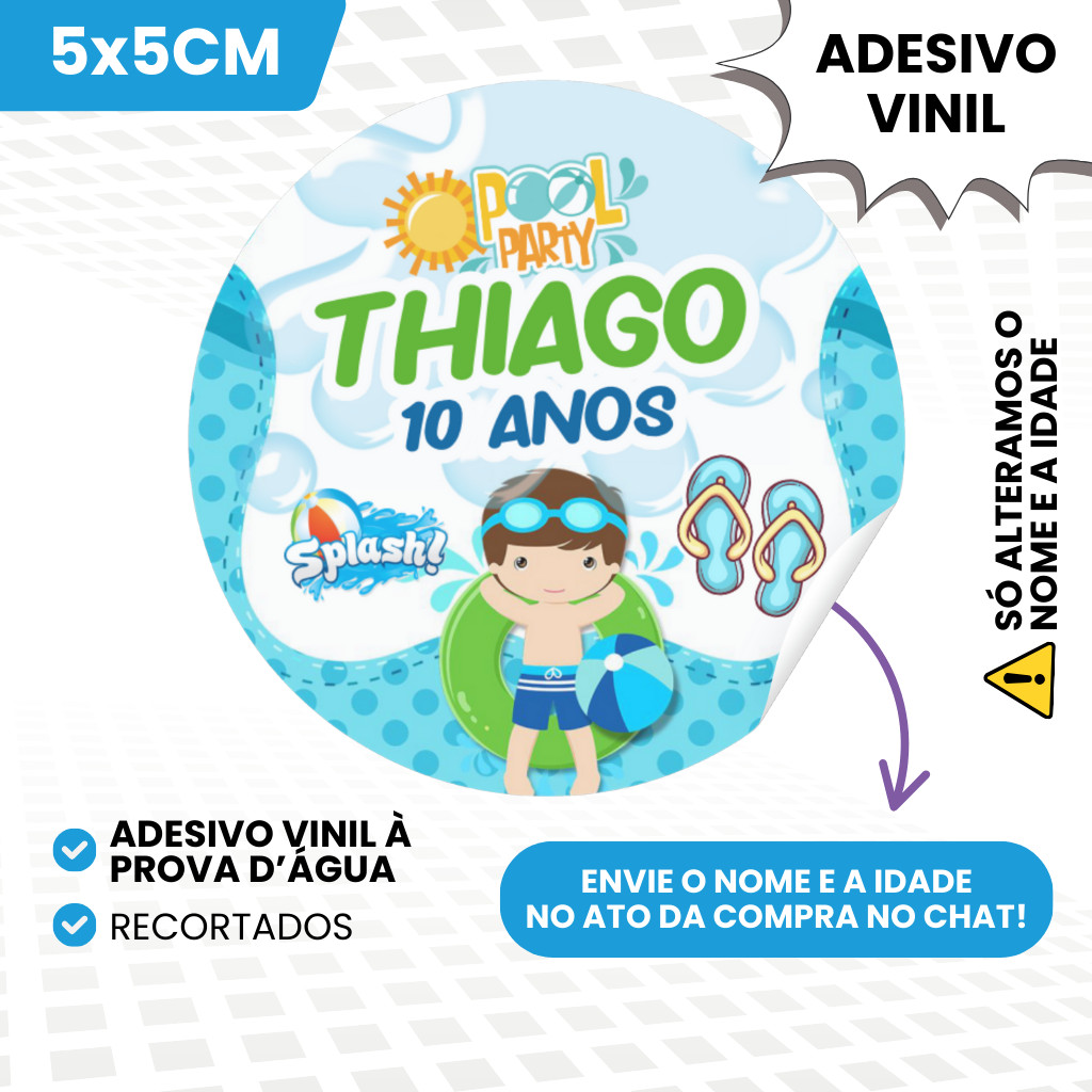 Adesivos Vinil 5x5cm Personalizados Para Lembrancinhas de Aniversário Infantil Menino Pool Party Piscina
