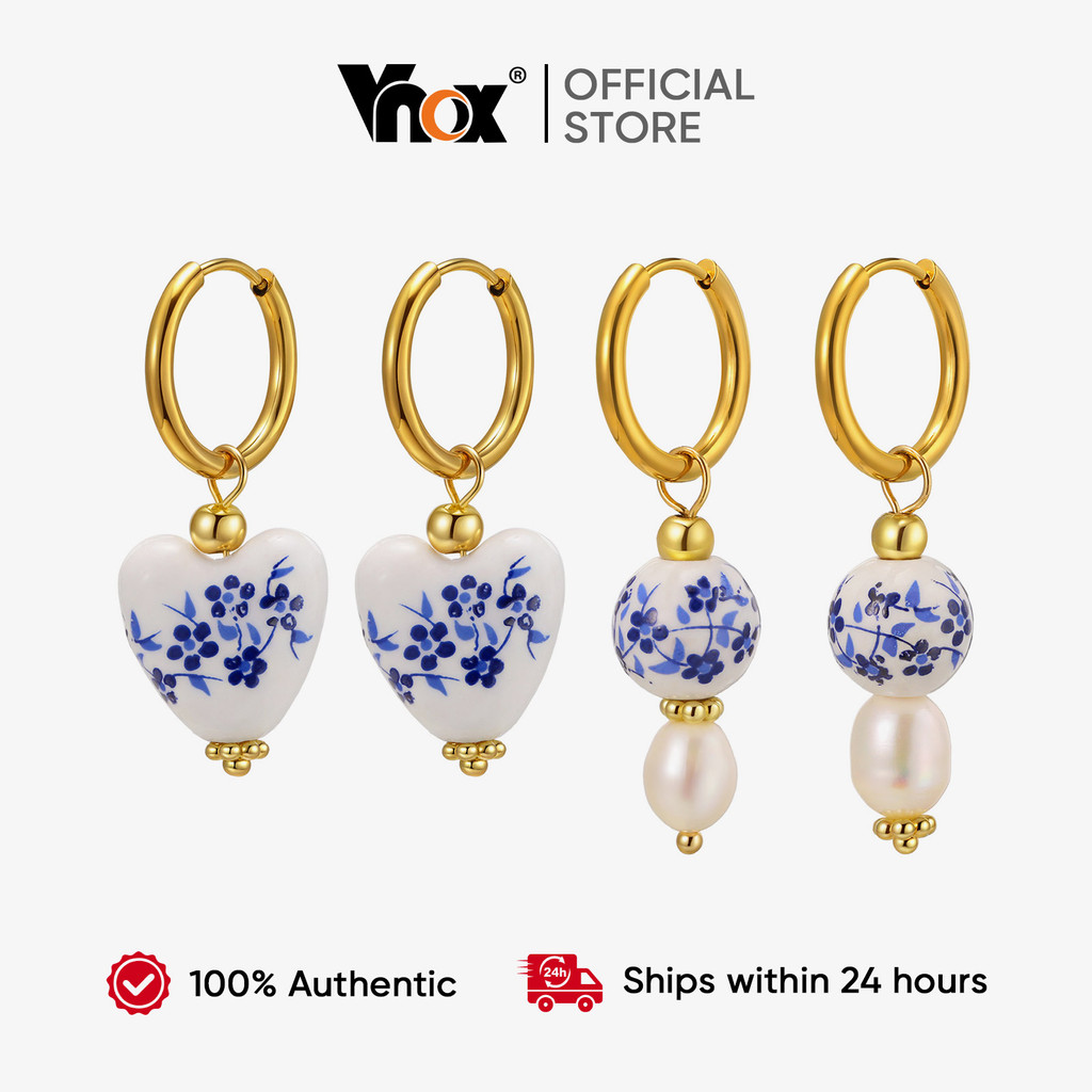 Brincos De Cerâmica Estilo Chinês Vnox , Femininos De Aço Inoxidável Retrô Azul E Branco Joias Para Presente