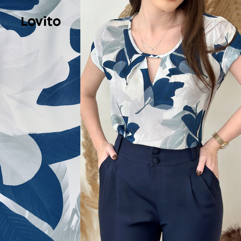 (NEW) Lovito Blusa Boho Pregueada Primavera/verão Blusa Azul para Mulheres L154ED149 em Oferta na Shopee