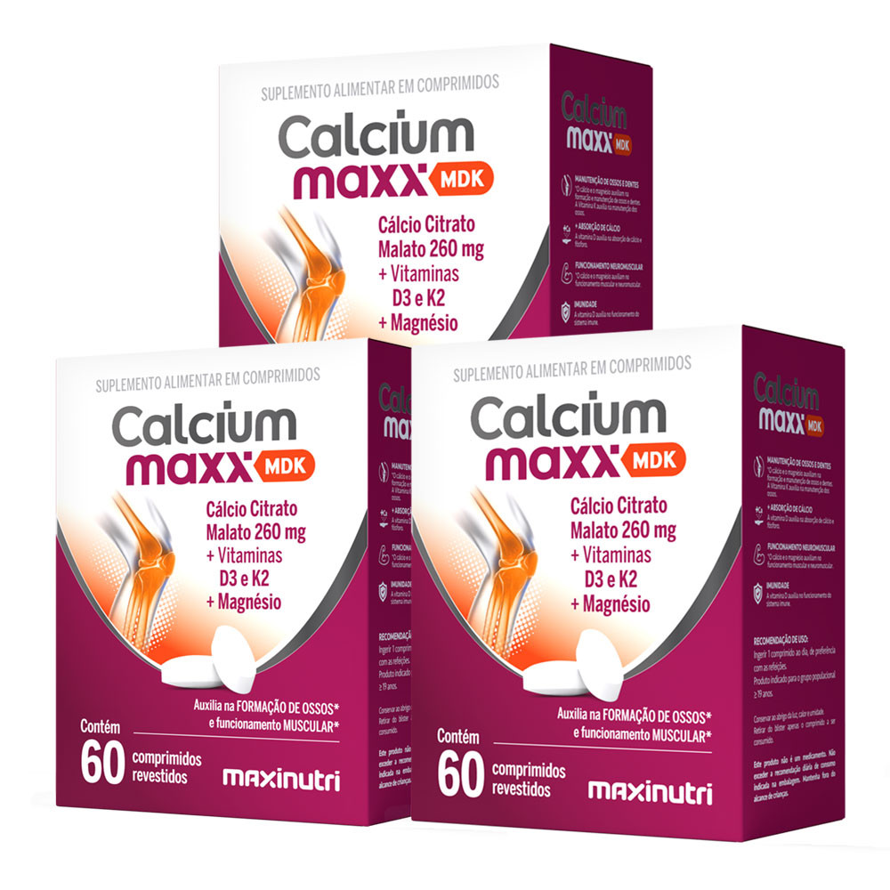 Kit 3 Cálcio Citrato Malato + MDK Magnésio e Vitaminas 260mg Maxinutri