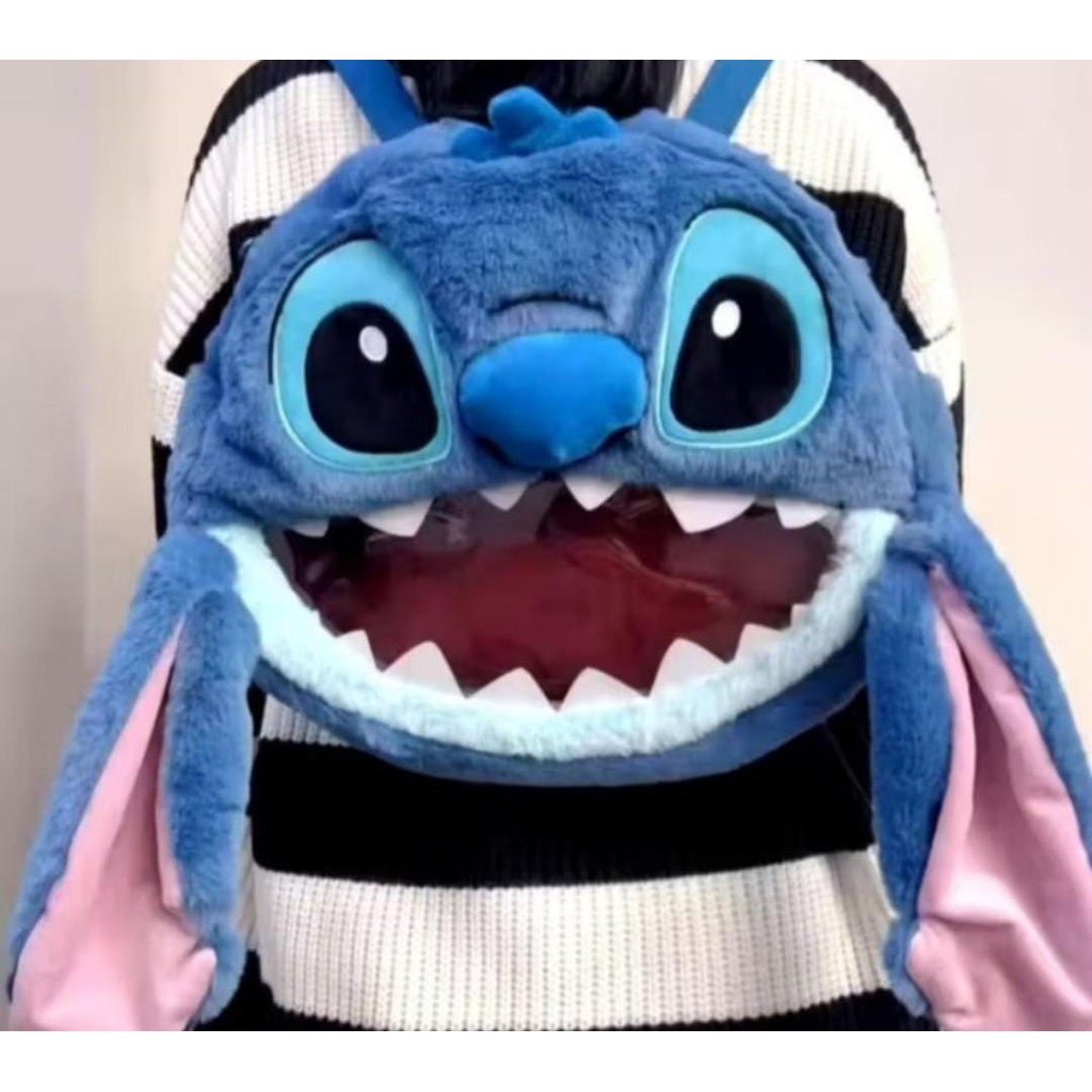 Mochila de Pelúcia Azul Estilo Personagem Desenho Animado Orelhas e Boca Transparente BlackFriday*