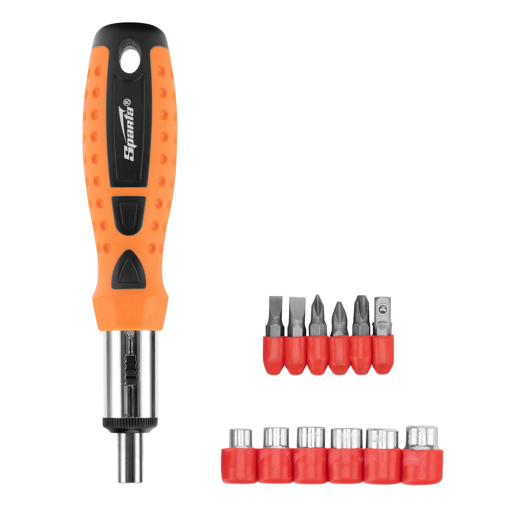 JOGO DE BITS E SOQUETES, CABO ANATOMICO REVERSIVEL COM CATRACA, 14 PCS // SPARTA