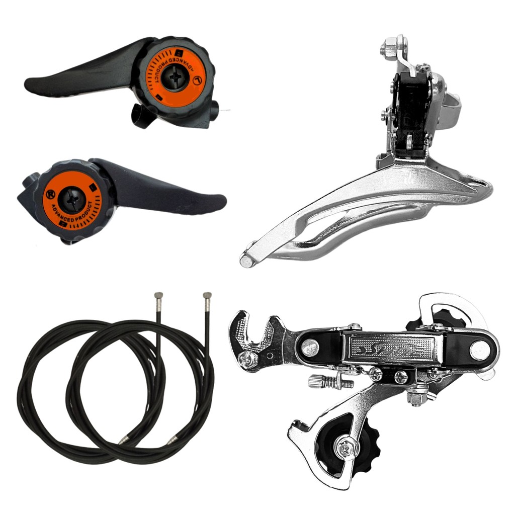 Kit Trocadores + Câmbios Bike 18v (3x6) Câmbio Traseiro 6v Gancheira + Dianteiro 3v Down Pull 28,6mm