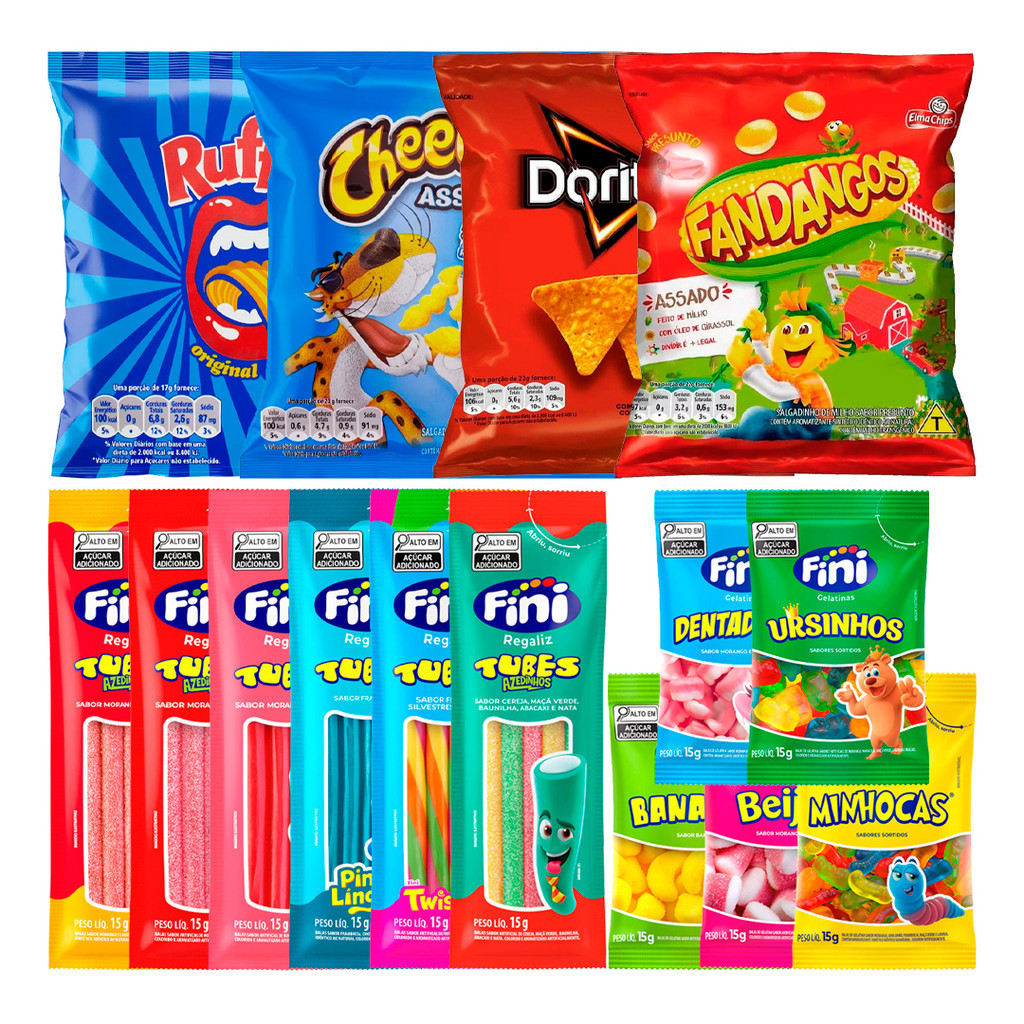 Kit 10 Salgadinhos Elma Chips + 10 Pacotes Bala Fini em Oferta na Shopee