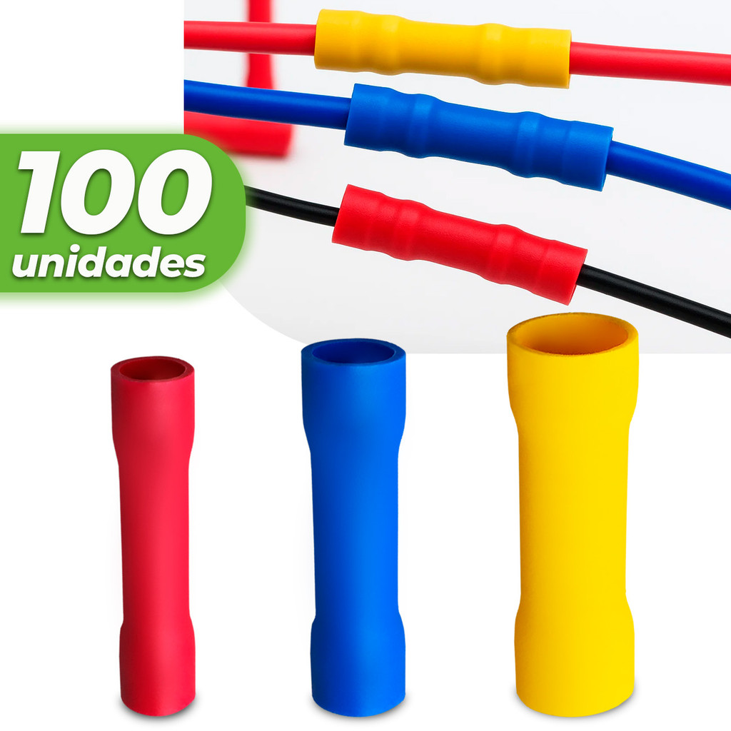 Kit 100 Conector Terminal Luva Emenda Cabos Fios 0,5mm A 6mm Conexão Elétrica (Todos Tamanhos)