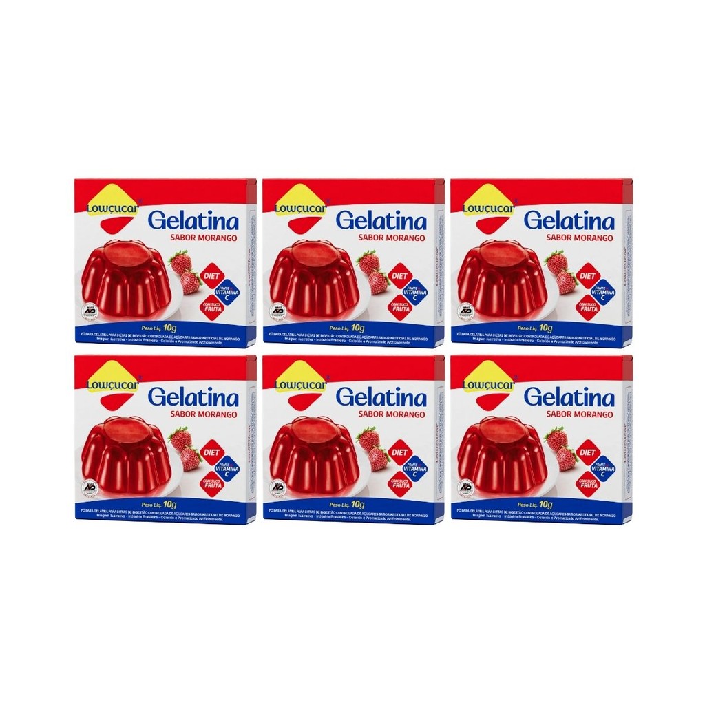 KIT 6 GELATINA DIET VIT C MORANGO SUCO DA FRUTA 10G LOWÇUCAR