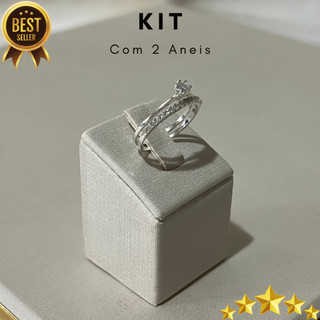 Kit com Dois Anéis Anel Solitário Liso e Aparador de Aliança Cravejado Prata Legitima 925 Anel Feminino