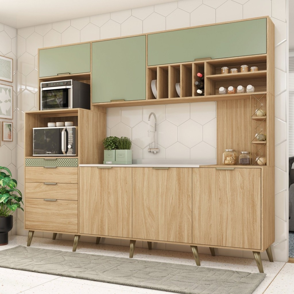 Cozinha Compacta 6 Portas 4 Gavetas 2 Nichos para Forno Gênova  Amêndoa/Menta