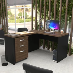Escrivaninha Mesa Escritório em L com Gaveteiro com Chave 120CMX150CM 150cm Preto/Marrom