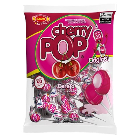 Pirulito Cherry Pop Cereja Recheio Chiclete c/50 - Sams em Oferta na Shopee
