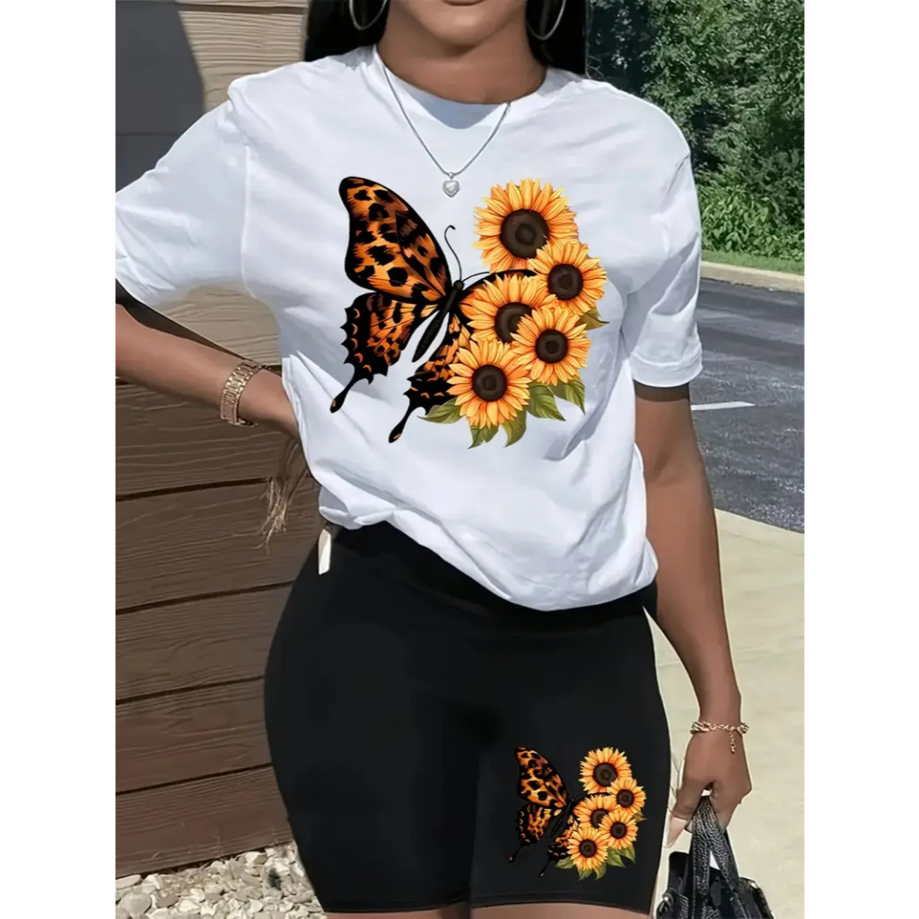 Conjunto Feminino Camiseta+Short Leggings Cós Alto Zero Transparencia Borboleta Girassol