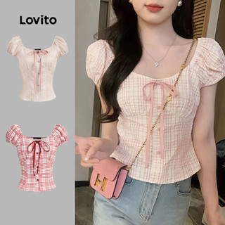 Lovito Blusa Rosa Xadrez Vichy Com Laço Para Look Casual De Primavera/verão Para Mulheres L136AD105 em Oferta na Shopee