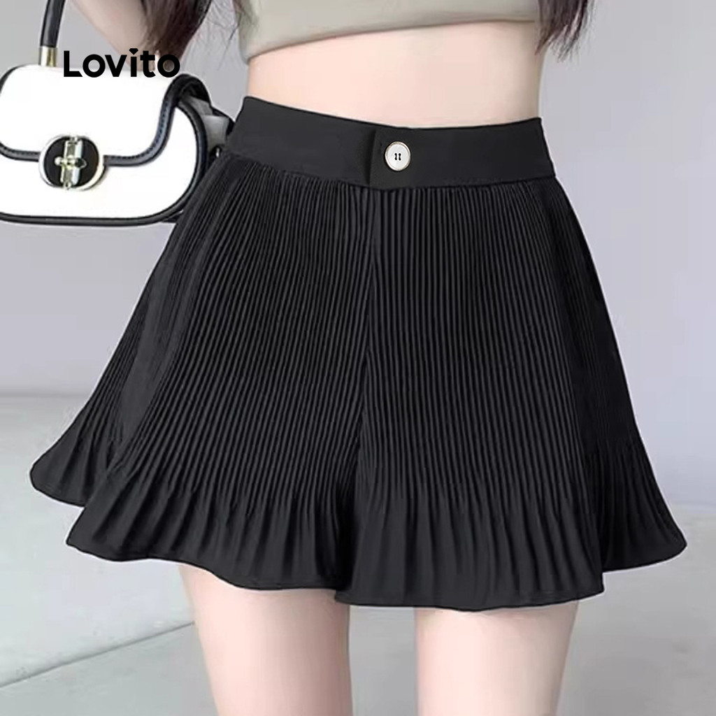 Detalhes do Lovito Shorts Casuais de Verão com Botões Preto Feminino L144AD052