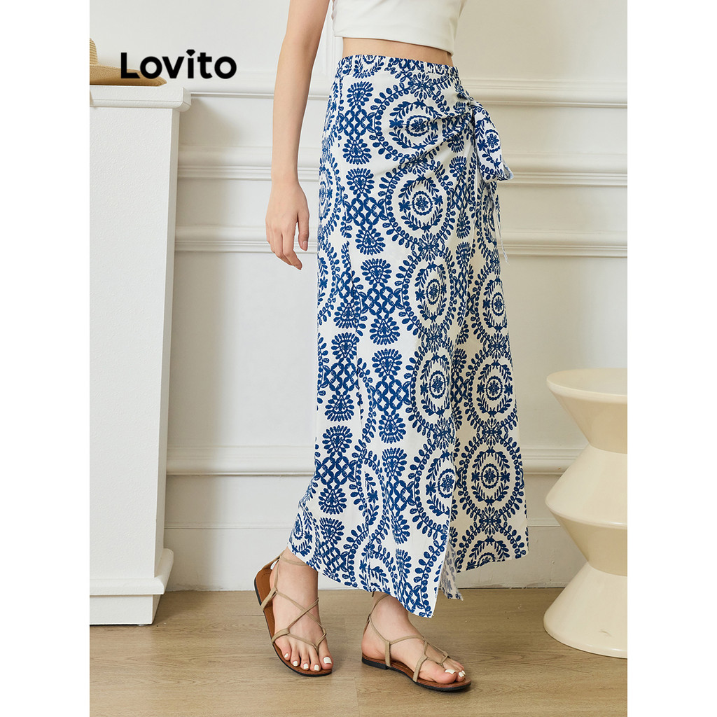 Detalhes do Lovito Boho Saias Tribal Print Lace Up Padrão Saia Para Mulheres L92MD958