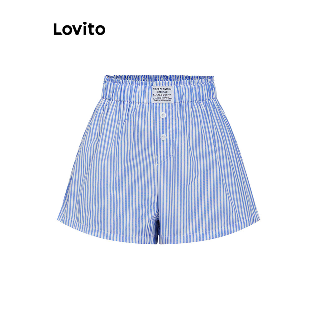 (Lovito x Ana) Casual Curto Listrado Botão Básico Verão/Primavera Curto Para Mul
