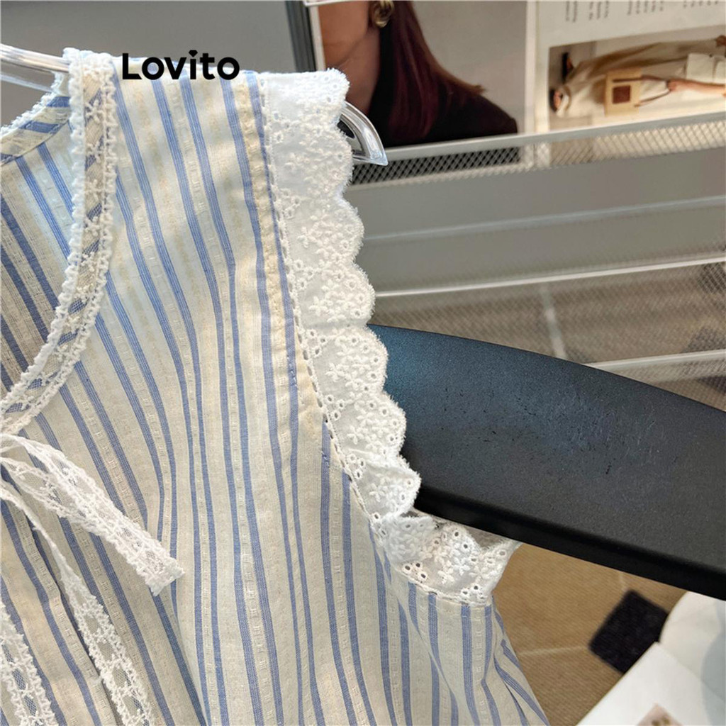 Detalhes do Lovito Regata Feminina Casual com Listras e Renda LNE72075
