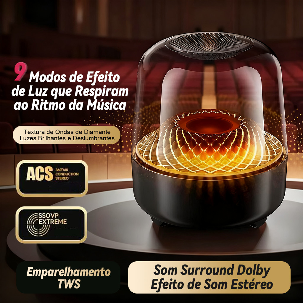 Alto-falante Bluetooth 5ª Geração 2025 | Graves Intensos + Subwoofer | Portátil e Potente | Design em Vidro