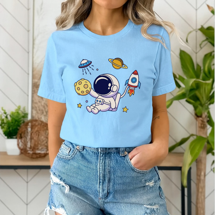 Camiseta Feminina Astronauta Foguete Moda Casual Moderna Tshirt Algodão Uso Diário