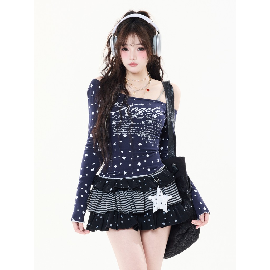 SOYY primavera americano quente estilo menina estrela impressão fora do ombro de manga comprida camiseta feminina doce m